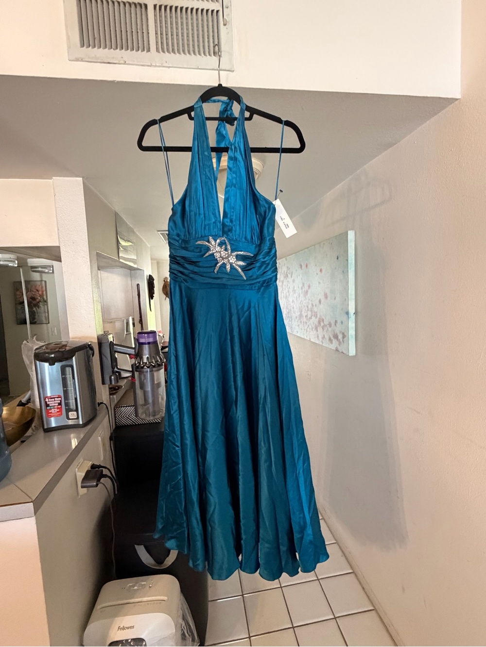 Teal Halter Backless Evening Dress with Rhinestone Star Accent